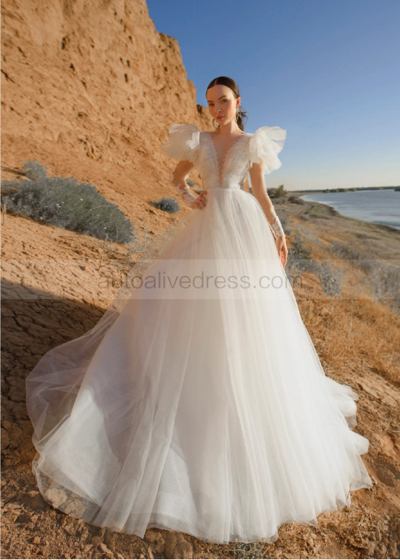 Long Sleeves Ivory Lace Tulle Romantic Wedding Dress